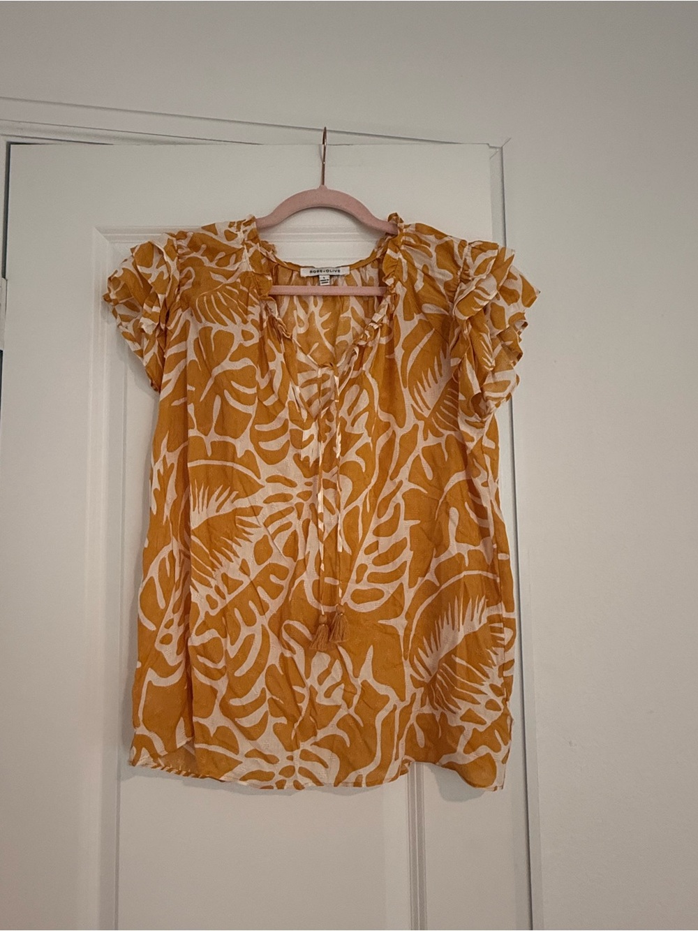 Rose & Olive Mustard and White Tropical Print Ruffle Sleeve Top